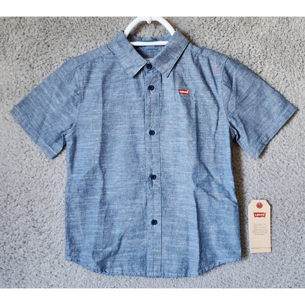 NEW LEVI'S Blue Heather Logo Short Sleeve Button Up Shirt Youth Size‎ 7R Cotton